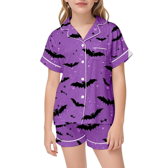 CAIVO Girls Halloween Pajama Sets Cute Bat Print Sleepwear Comfort Kids Nightwear Short Sleeve Lapel Button Down Shirts Tops With Shorts 2 Piece For And Little Girls Pjs