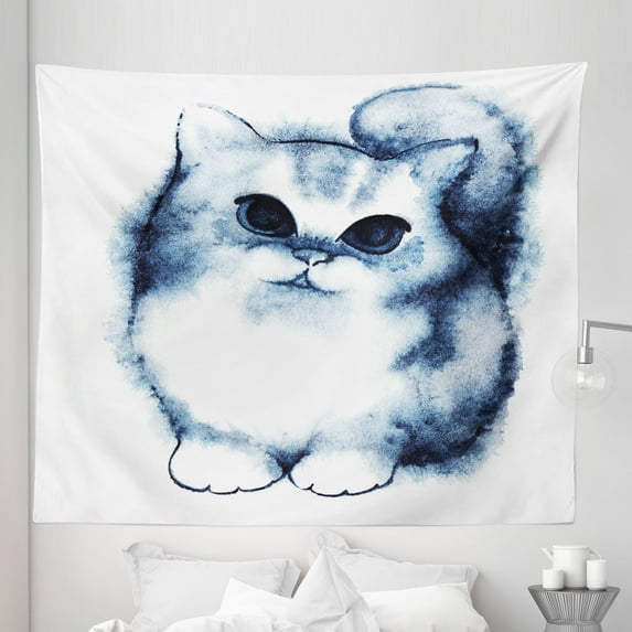 Navy Blue Tapestry, Kitty Paint with Distressed Color Features Fluffy Cat Best Companion Ever, Fabric Wall Hanging Decor for Bedroom Living Room Dorm, 5 Sizes, Grey White, by Ambesonne