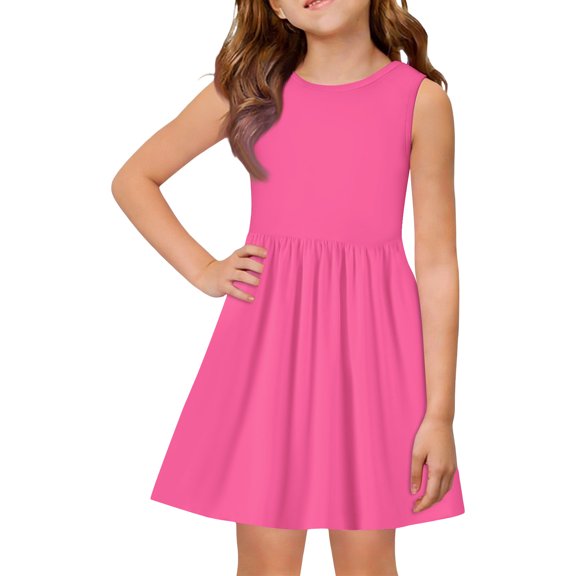 Abcomgle Toddler Girls Summer Dress Size 7-8 Casual A-Line Sleeveless Midi Dress Solid Pleated Crew Neck Swing Sundresses for 4-14t Kids,Hot Pink,2-3Years