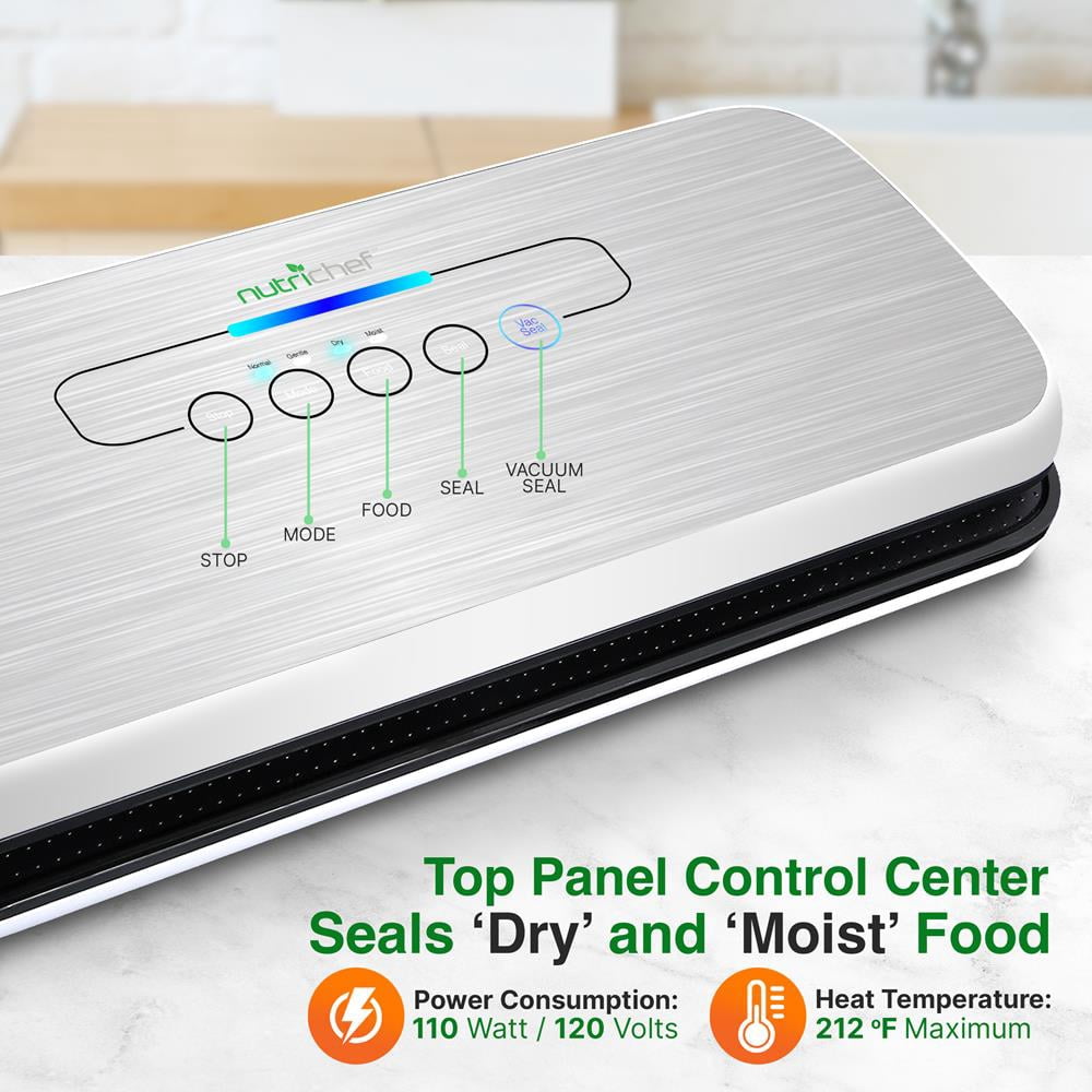 NutriChef Automatic Food Vacuum Sealer, High Suction Air Sealing Machine for Dry & Moist Foods, LED Touch Controls, Includes Bags, Hose & Wine Stopper