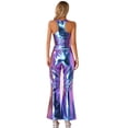thumbnail image 4 of dPois Women's Shiny Metallic Disco Dance Outfits Racerback Tank Top and Flared Long Pants Blue L, 4 of 8