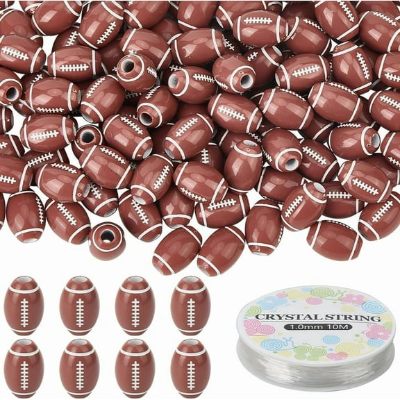120Pcs Rugby Ball Beads Bulk Football Bead 15 x 11mm Acrylic Sports Spacer Charms with 11 Yards Elastic Cord for Bracelets Necklace Jewelry Making Pendants Keychain Decorations DIY Crafts Brown