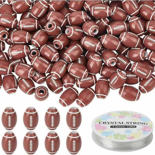 120 cuentas de balón de rugby a granel, cuentas de fútbol americano de 15 x 11 mm, dijes espaciadores deportivos de acrílico con cordón elástico de 11 yardas