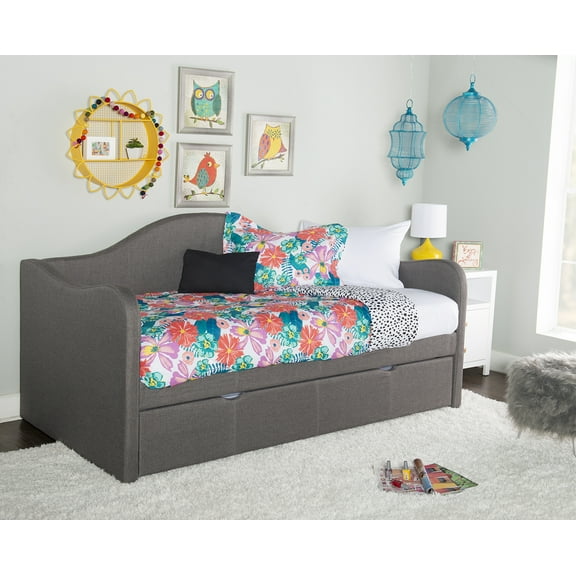 Linon Siena Upholstered Day Bed with Trundle in Gray Fabric and Black Legs
