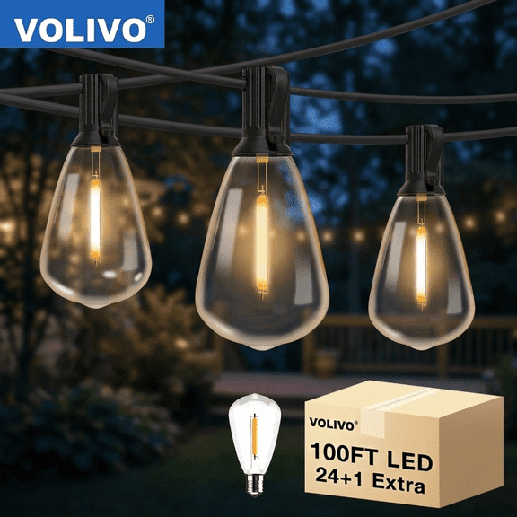 VOLIVO 100FT Outdoor String Lights, 24 ST38 Edison Vintage Shatterproof Bulbs, Waterproof Hanging Lights, Connectable & Dimmable for Yard, Patio