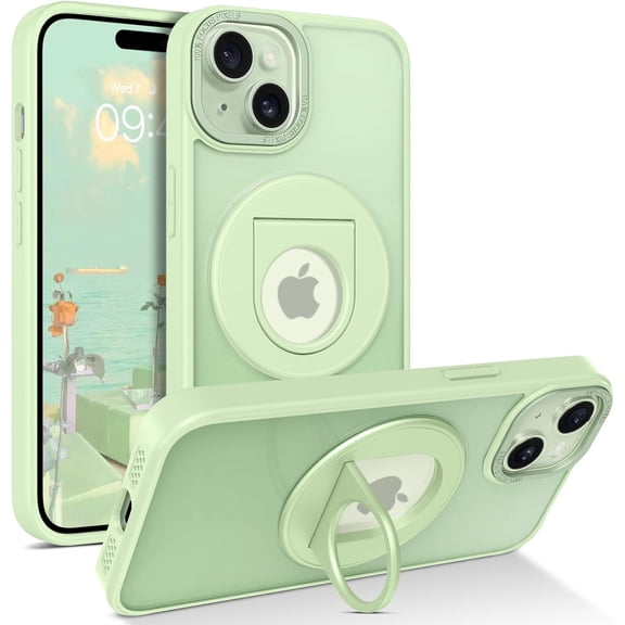 iPhone 15 Case, [Compatible with MagSafe]Slim Fit 360° Ring Holder Kickstand[Car Mount Supported] Magnetic Translucent Matte Thin Shockproof Protective Cover for iPhone 15 6.1" 2023