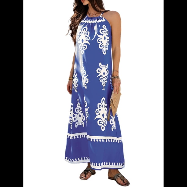 Vestido de Verano para Mujer 2025, Estampado Floral, Tirantes Finos, Holgado, Estilo Bohemio, para Playa y Vacaciones Azul XL
