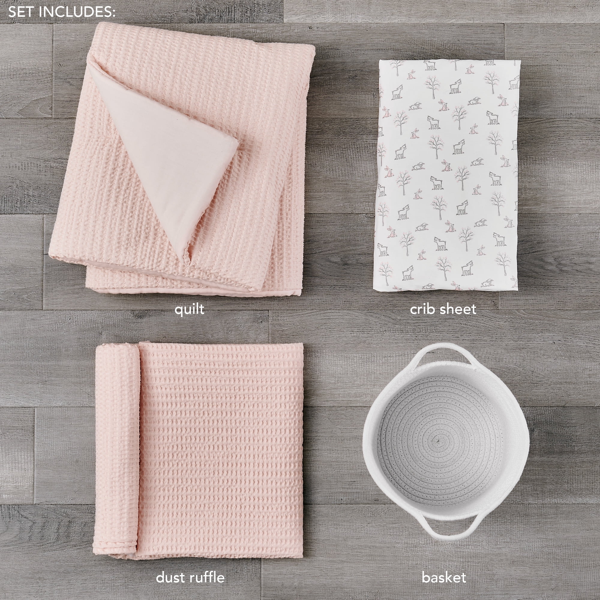 Levtex Baby - Mills Waffle Crib Bed Set - Baby Nursery Set - Blush Pink - Blush Pink Textured Waffle - 4 Piece Set Includes Quilt, Fitted Sheet, Dust Ruffle and Rope Basket