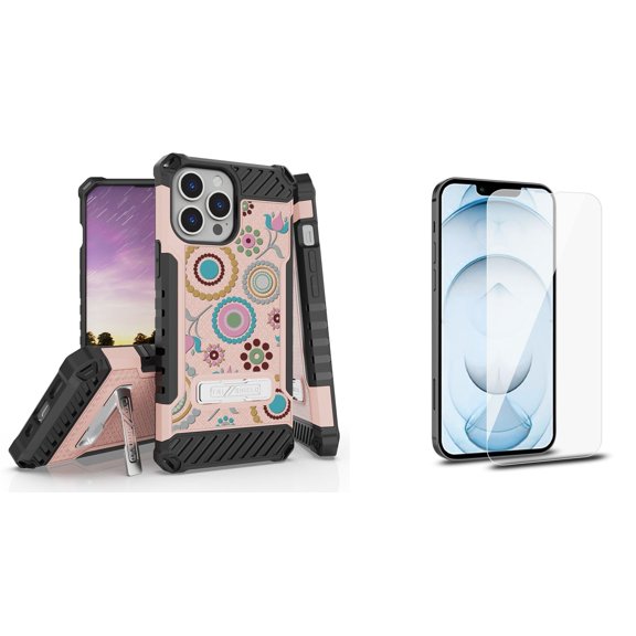 Bemz iPhone 13 Pro Max Bundle: Tri Shield Shockproof Armor Rugged Case (Circle Collage), Premium Glass Screen Protectors (2-Pack)