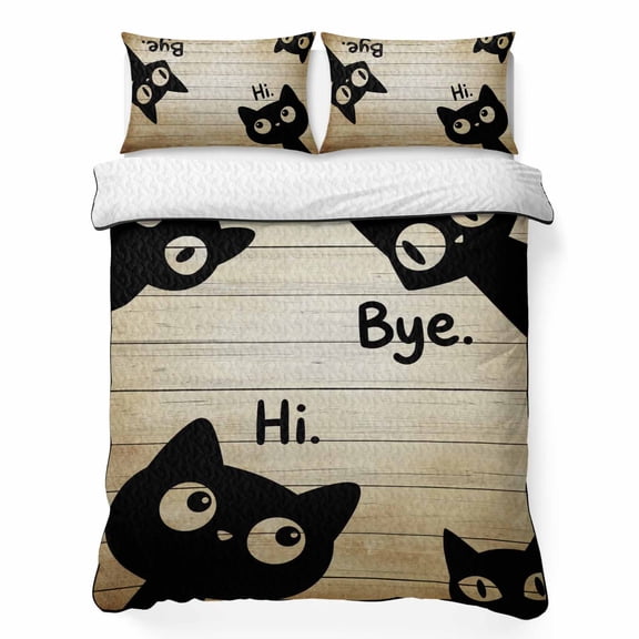 Quilts Twin Size Bedding Set, Black Funny Cats Lightweight Quilted Comforter, Vintage Rustic Cute Cat Pet Wooden Brown Soft Reversible Bedspread Coverlet with Pillow Covers for All Season, 68" x 86"