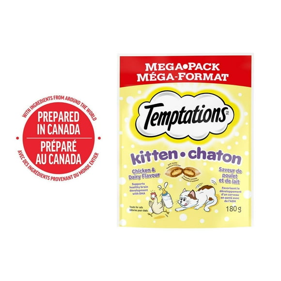 Gâteries pour chatons TEMPTATIONS saveur de poulet et de lait 180 g