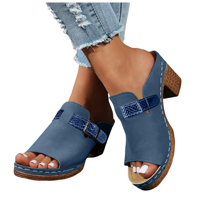 Women's Peep Toe Mules Dressy Slides Sandals Fashion Platform Chunky High Heels Summer Clogs Slip on