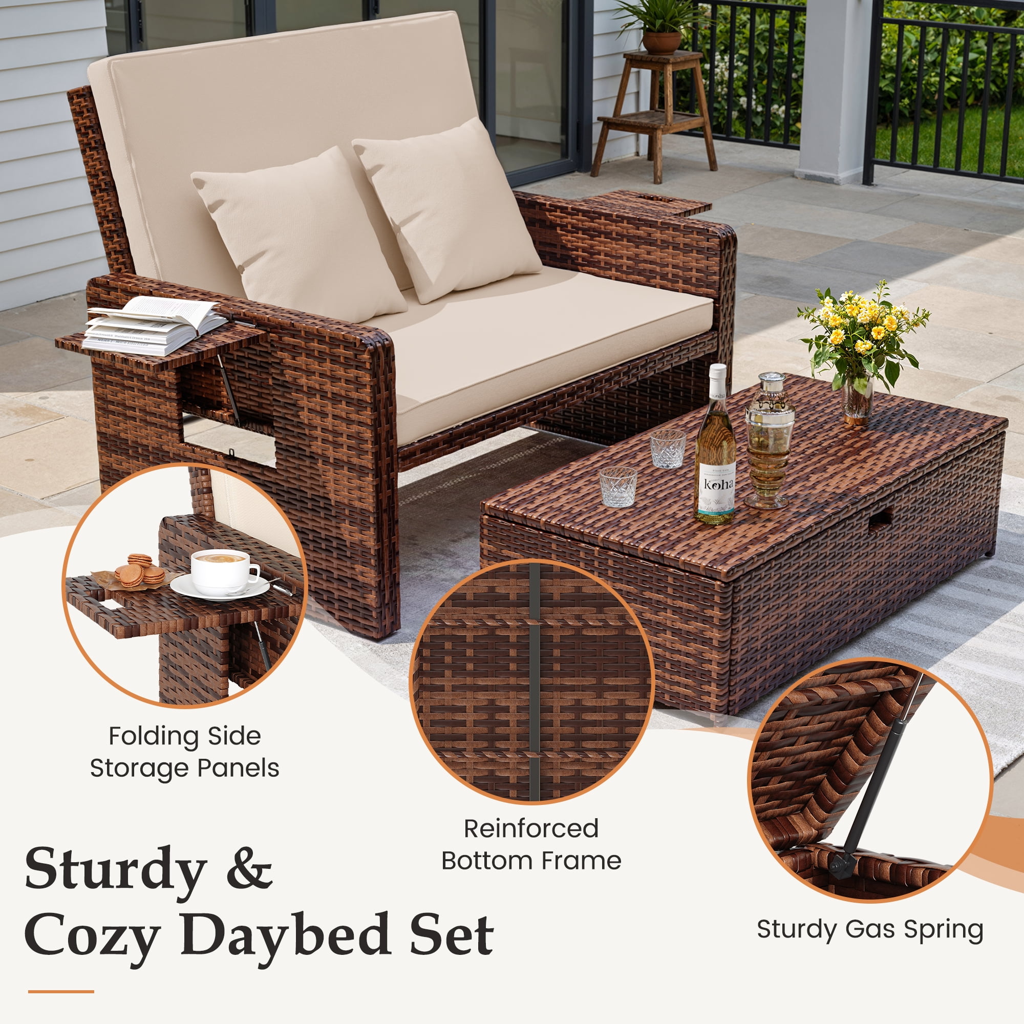 POTEBAN Wicker Outdoor Daybed-Outdoor Loveseat with Storage Ottoman, 4-Level Adjustable Backrest & Cushions for Balcony, Garden, Poolside (Beige)