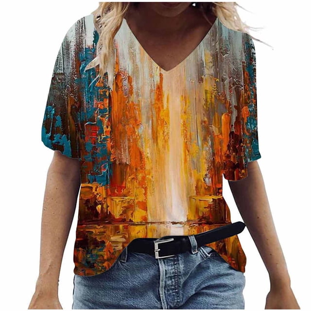 Birdeem T-Shirt à Col en V pour Femmes, Mode Décontractée, Grande Taille, Imprimé de Fleurs Pittoresques