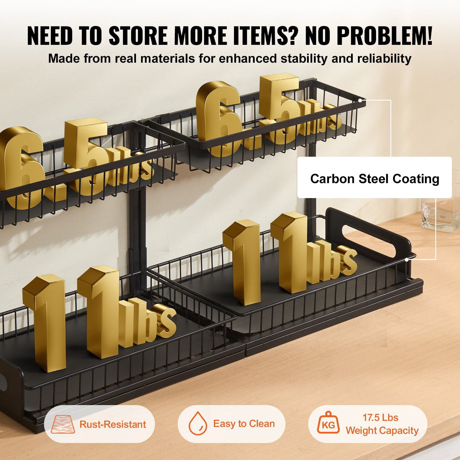 2-Tier Wire Pull Out Cabinet Under Sink Organizer 10.7"x14.2" Drawer Basket 2PCS 10.7x14.2 in