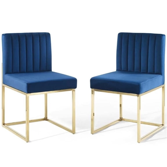 Maklaine 19" Velvet Dining Side Chair in Gold and Navy (Set of 2)