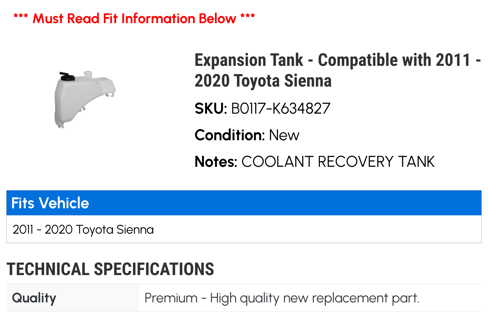 Expansion Tank - Compatible with 2011 - 2020 Toyota Sienna 2012 2013 2014 2015 2016 2017 2018 2019