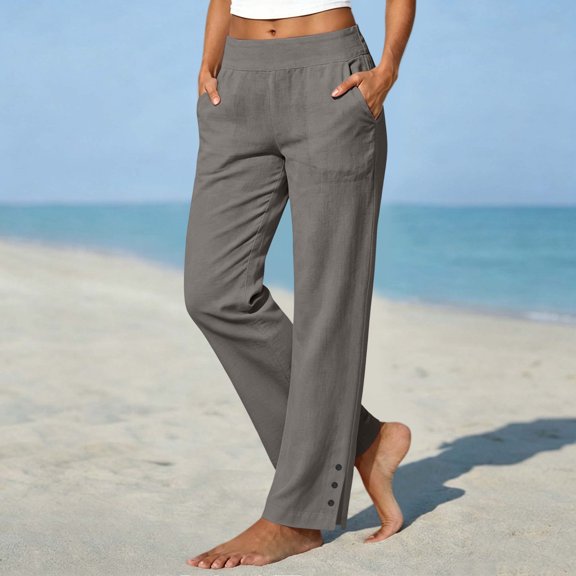 Women Elastic Waist Cotton Linen Straight Leg Pants Split Button Hem Casual Pull On Trousers With Pockets S