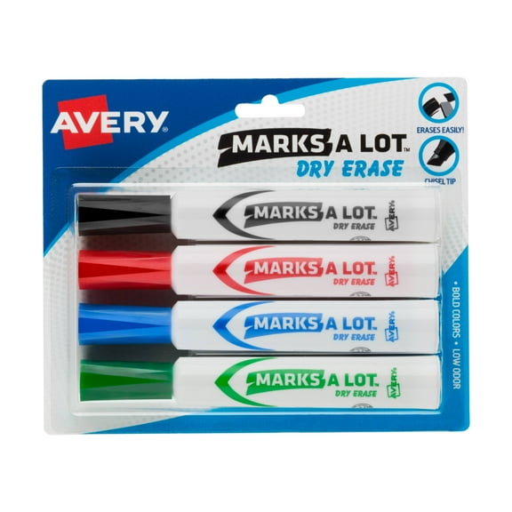 Avery® Marks-A-Lot® Desk-Style Dry Erase Markers, Chisel Tip, Assorted Colors, 4 Markers (24409)