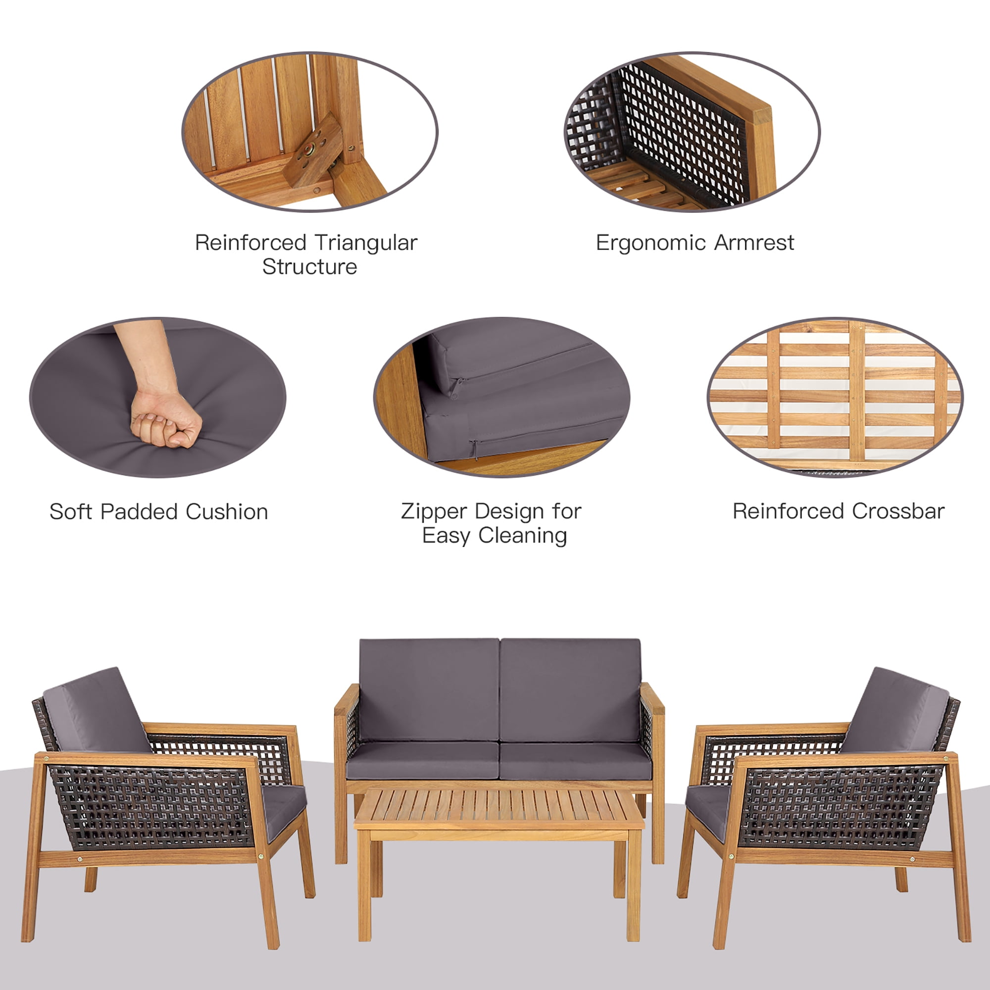Costway 4PCS Patio Rattan Furniture Set Acacia Wood Cushioned Sofa Gray