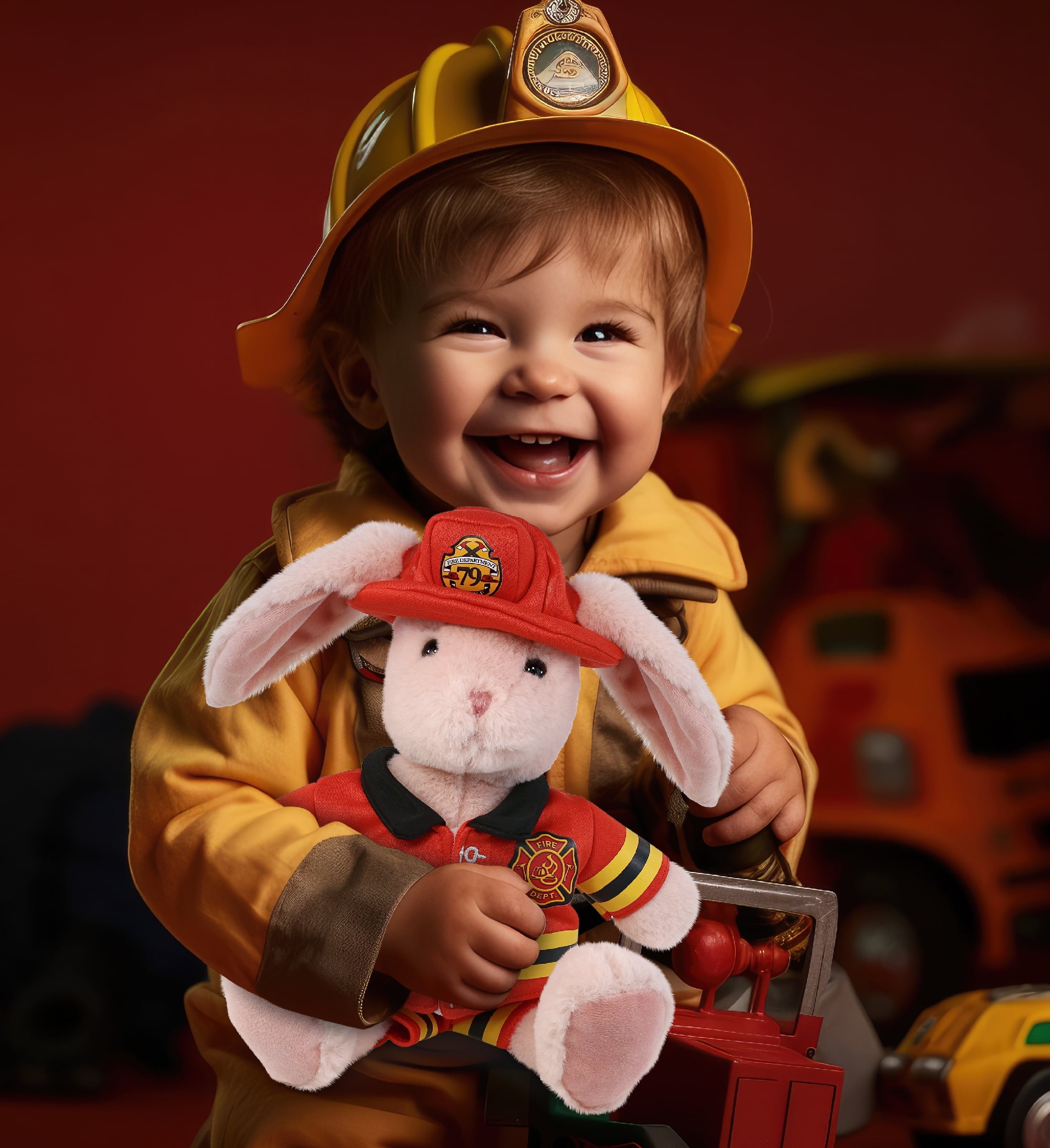 DolliBu Baby Pink Rabbit Firefighter Stuffed Animal - Rabbit Fireman Toy with Red Fireman Costume Outfit and Fireman Hat, Cute Wild Life Stuffed Animal Fire Fighter Doll Plush Toy for Kids - 8 Inch