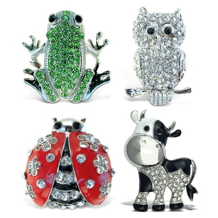 

Aqua79 Sparkling Refrigerator Magnet Set Mix – Silver Frog Owl Ladybug Cow Magnets Sparkly Rhinestone Magnets for Door Fridge Home Office Novelty Decor - Set of 4 Mixed Magnets