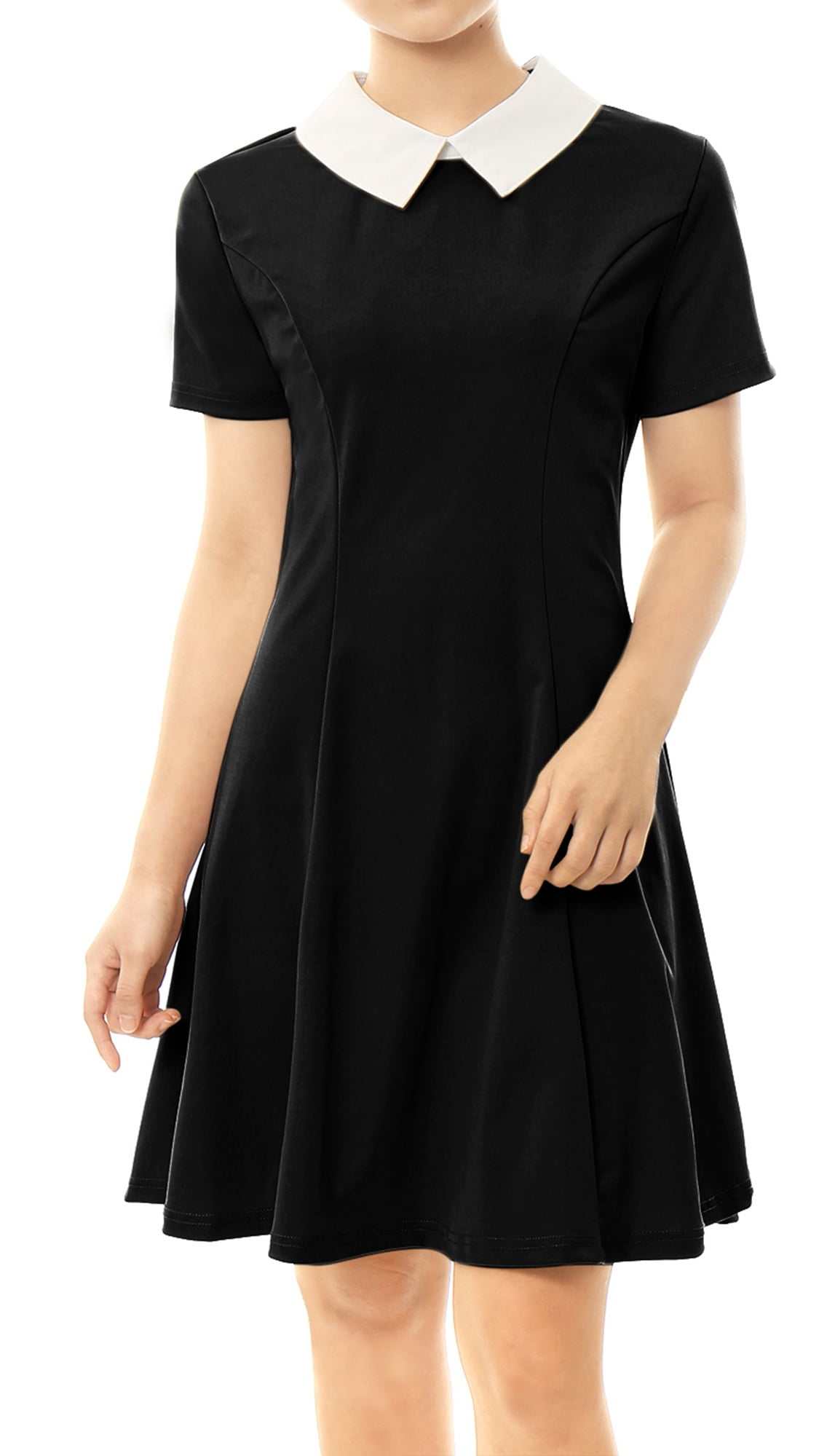Women's Summer Short Sleeve Fit and Flare Dress w Doll Collar Black (Size XS / 2) Women's Summer Short Sleeve Fit and Flare Dress w Doll Collar Black (Size XS / 2)