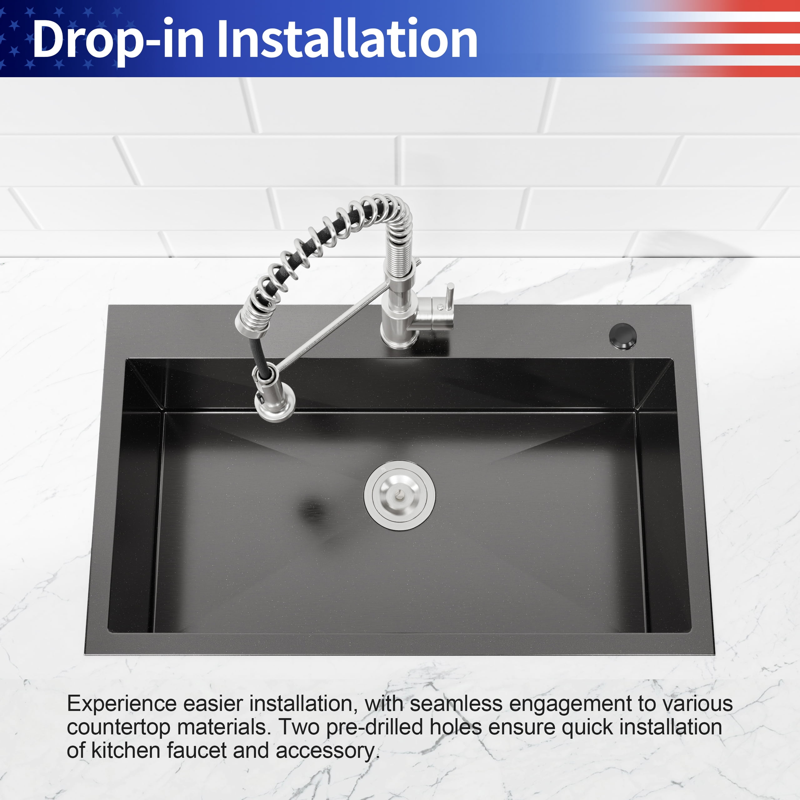 32-inx19-in Black Stainless Steel Drop-In Kitchen Sink-Single Bowl 16 Gauge Topmount Sink with US Drain And Hooks