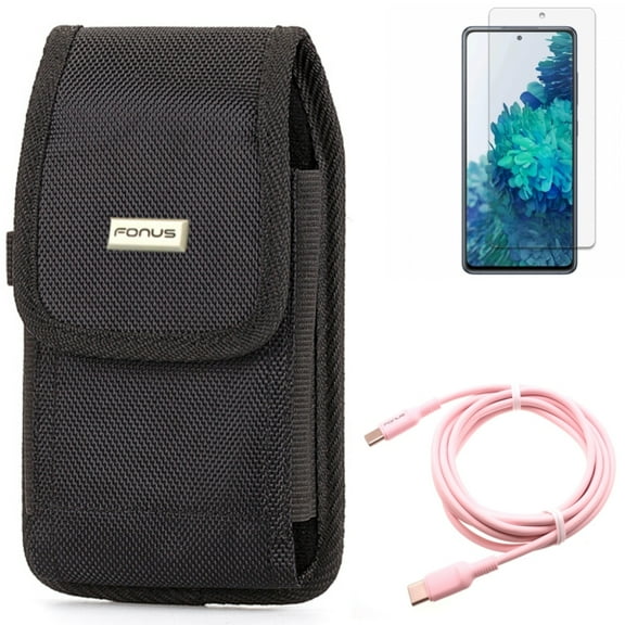Screen Protector & Case Belt Clip & Pink 10ft Long Cable for Samsung Galaxy S20 Fan Edition - Anti-Glare Tempered Glass   Rugged Holster   USB-C to Type-C PD Fast Charger Combo