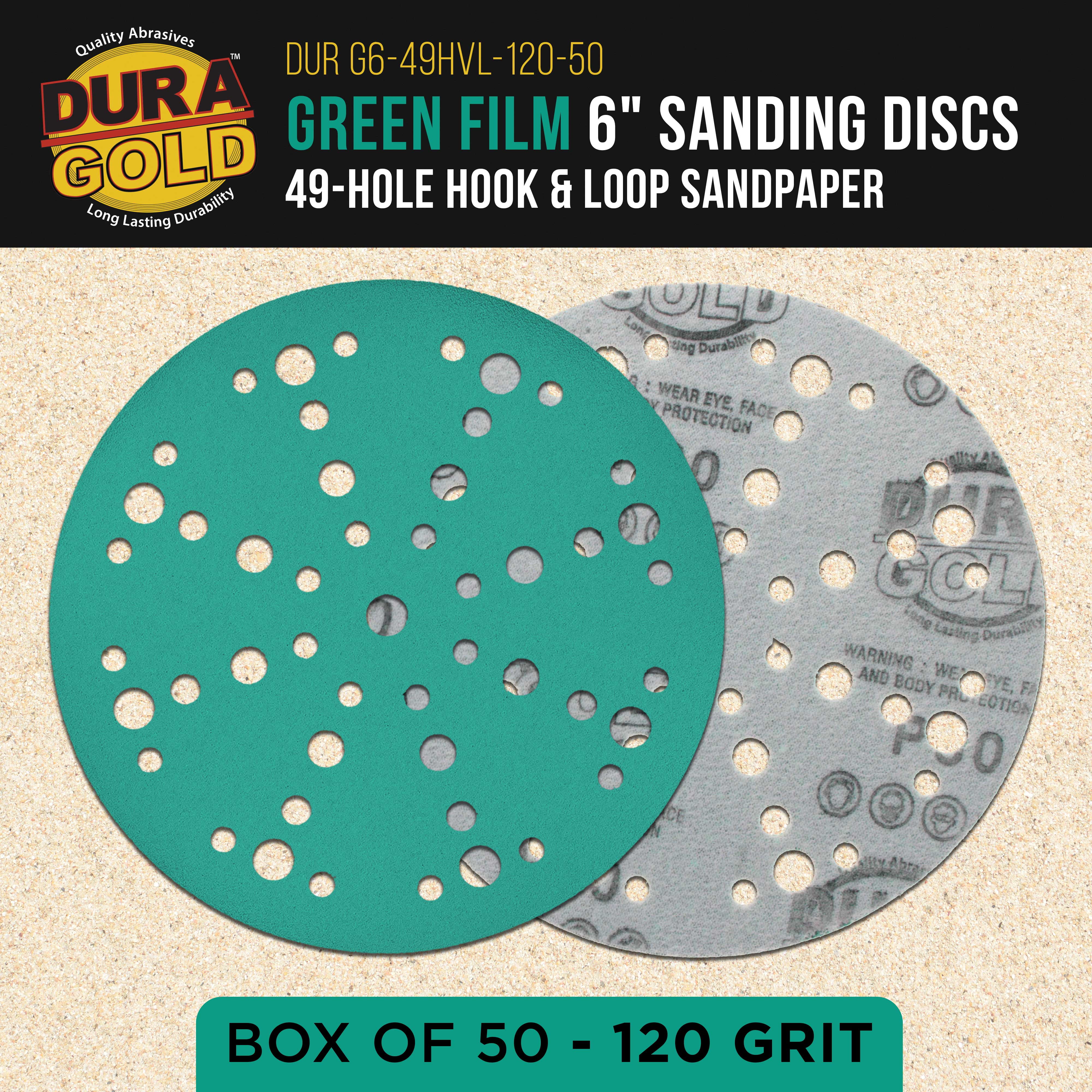 Dura-Gold Premium 120 Grit 6" Green Film Sanding Discs, 49-Hole Pattern, Box of 50 - Heavy-Duty Dustless Hook & Loop Backing Sandpaper for DA & Random Orbital Sanders, Sand Auto Paint, Wood Furniture
