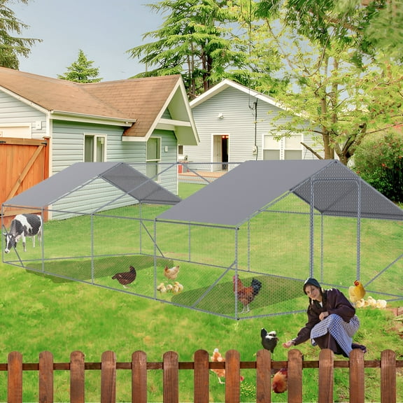 ZephyPaws  Large Metal Chicken Coop Run for 30/40 Poultry, 26x10FT Upgraded Outdoor Walk-in Cage Arch Hen Duck Rabbit Yard Farm House,Chicken Wire,Waterproof Roof Tarp