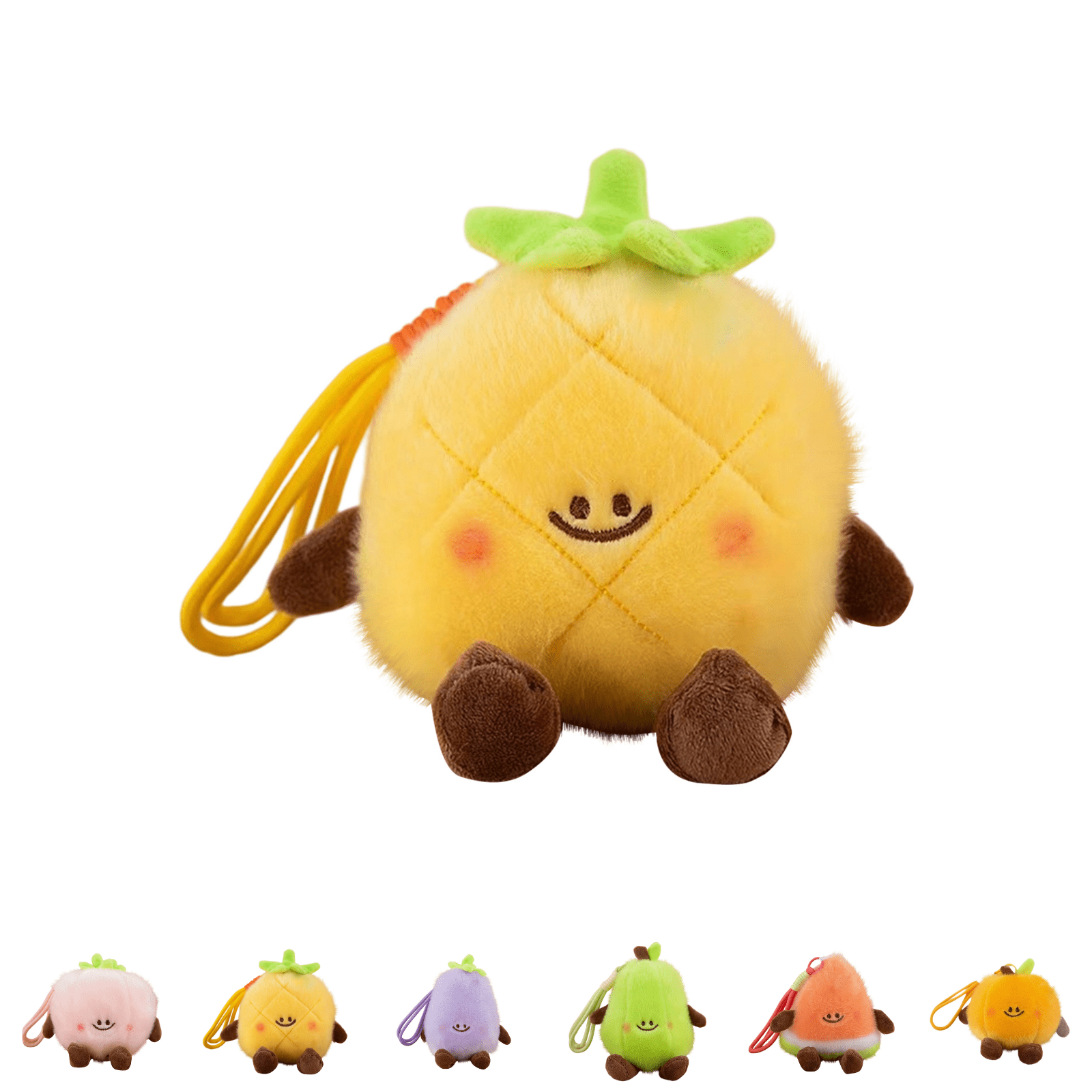 Smiling Cartoon Fruit Plush Toys Multistyle Peach Pineapple Watermelon Plushies Cute Soft Peach Pineapple Eggplant Pear Watermelon Orange Doll with Lanyard Christmas Holiday Gift Yellow