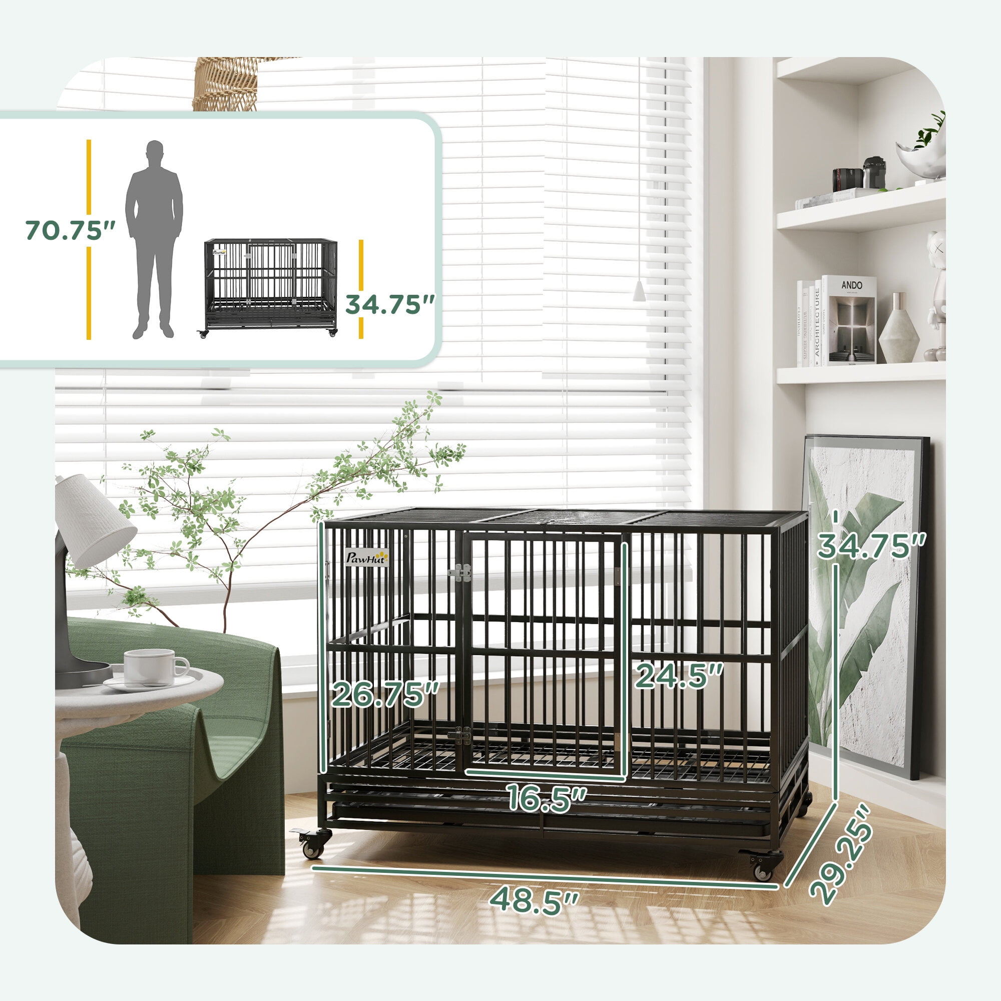 Dog Crate, PawHut 48" Heavy Duty Dog Crate Metal Cage Kennel with Lockable Wheels, Double Door and Removable Tray, Gray, Gray Pet Playpen,Steel Chicken Coop, Pet Supplies Pens & Hutches