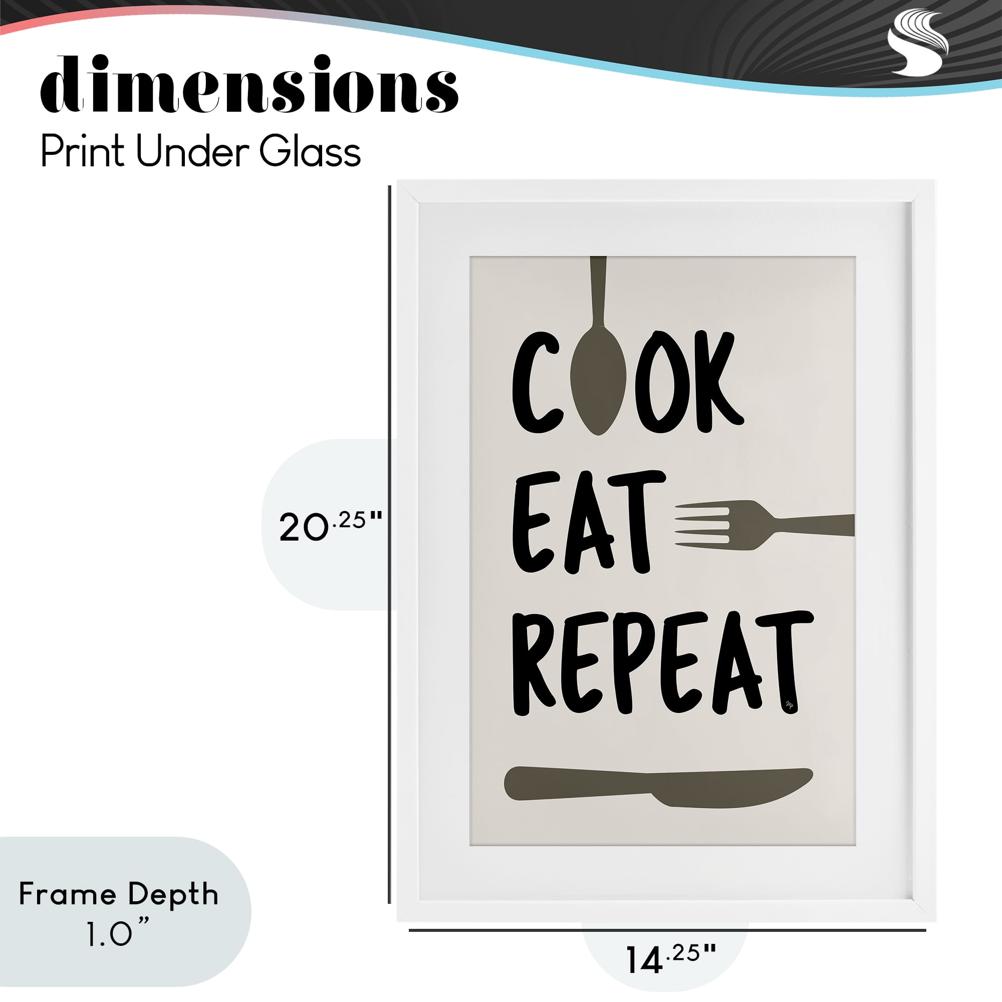 Stupell Industries Cook Eat Repeat with Utensils White Framed Print Under Glass, design by Martina Pavlova