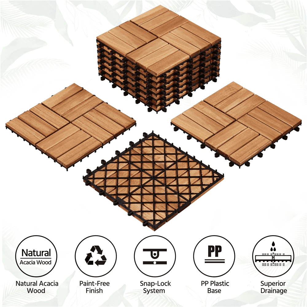 Renwick Pack of 10 Waterproof Interlocking Deck Tiles for Outdoor & Indoor 12.5″ W × 12.5″ L, Wood