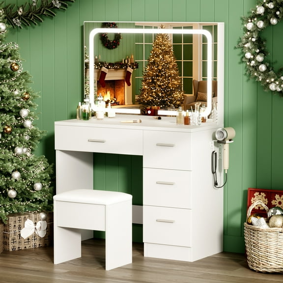 LIVELYGLOW Smart LED Vanity Desk with Stool, Dimmable Lighted Mirror, Built-in Power Outlets & USB Ports, Spacious Drawer Makeup Table for Bedroom,White