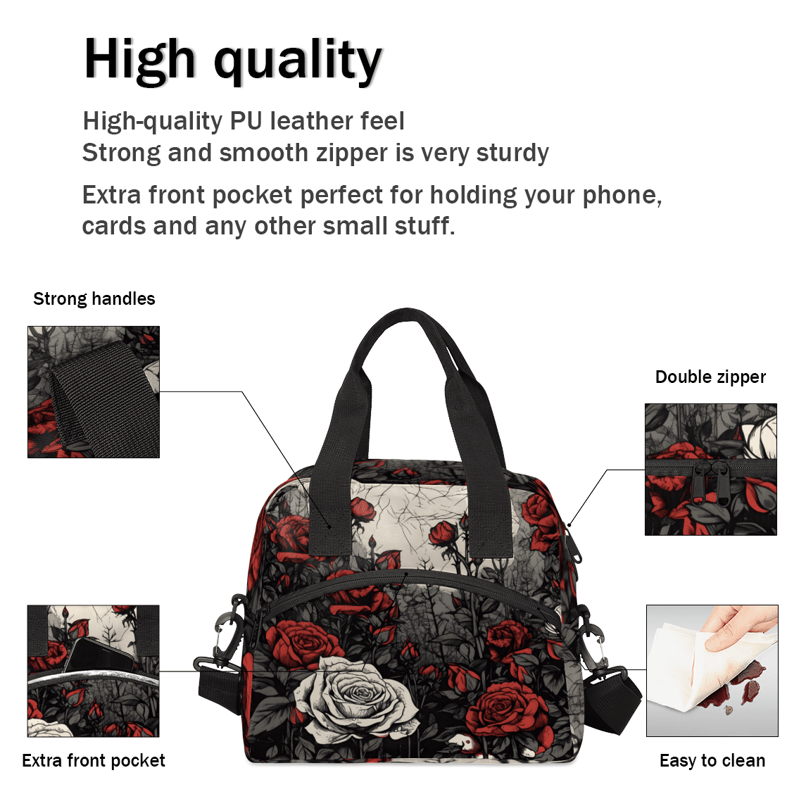 Herdesigns Rose Insulated Lunch Bag for Women Men Adults Large Reusable Lunch Box Vintage Floral Flower Leakproof Cooler Tote Bags with Adjustable Shoulder Strap