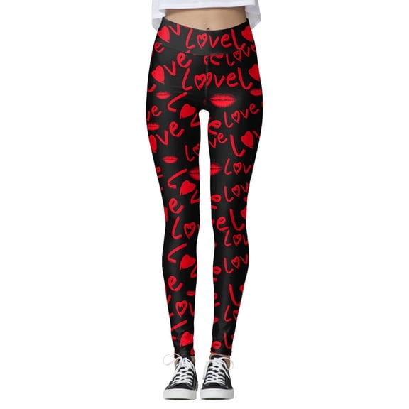 Women Valentine's Day Leggings Fashion Casual Heart Print Slim Elastic Long Boot Workout Yoga Athletic Tights Legging