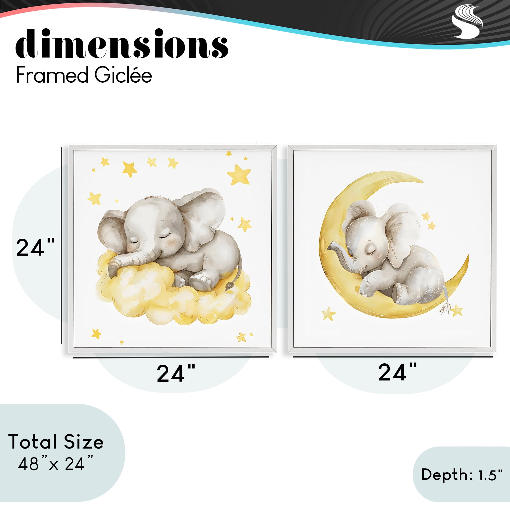 Stupell Industries Sleeping Elephant Moon and Clouds 2 Piece White Framed Giclee Art Set, design by LSR Design Studio