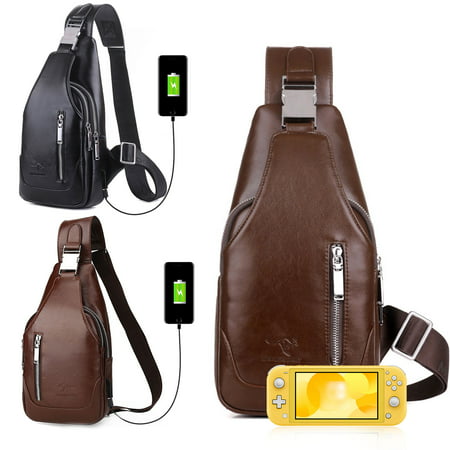 Leather Backpack Sling Bag with USB Charging Port Large Mens Crossbody Shoulder Bag Travel Sling Chest Bag Fit for Nintendo Switch, Kindle, IPAD mini, Camera, MP3, MP4 for Hiking, Running and