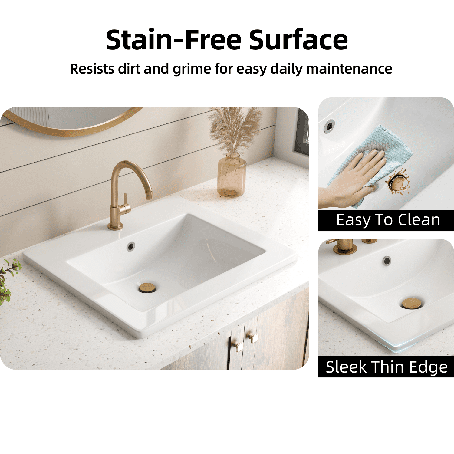 Los Flexi Drop-In Bathroom Sink 20” × 18” Durable Glossy White Ceramic Rectangular Classic Style with Single Faucet Hole & Overflow