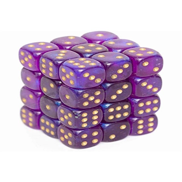 Dice Chessex Borealis 12 mm d6 Luminaria morada real/dorada x36