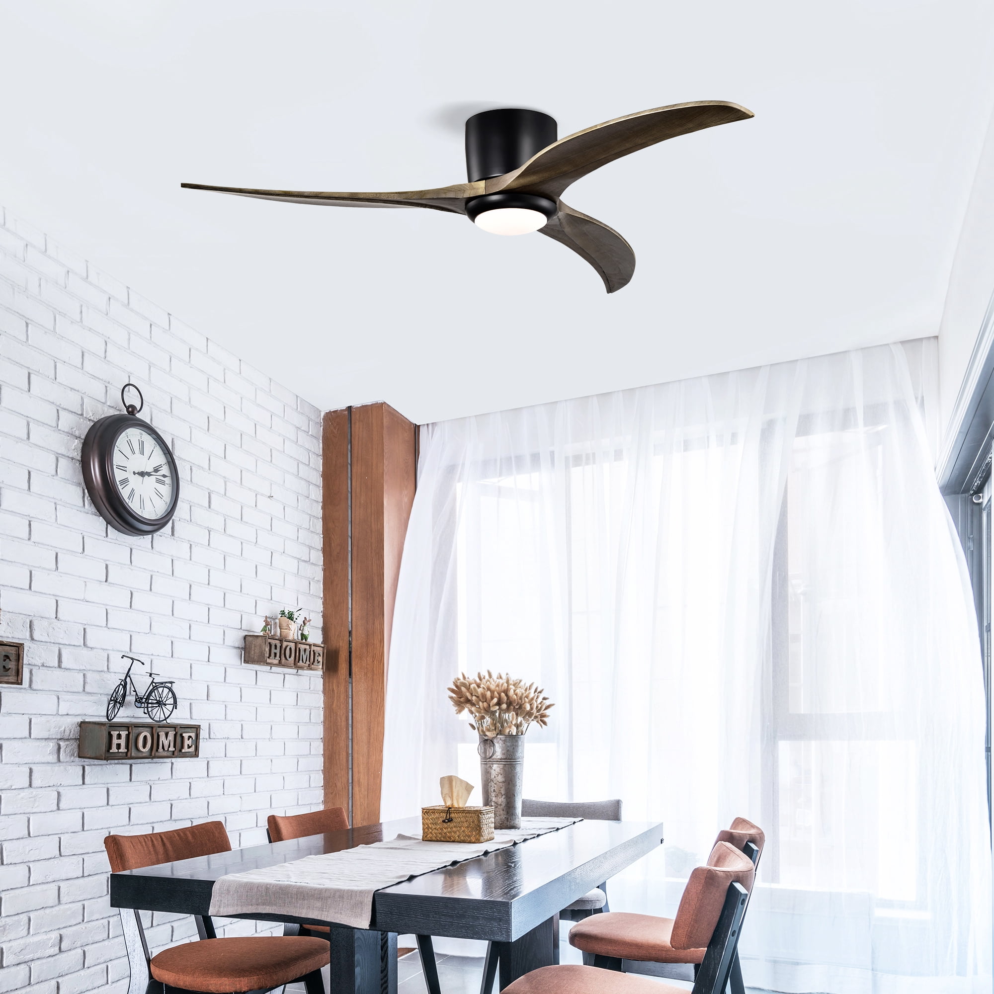52 Inch Flush Mount Ceiling Fan, Solid Wood Blades Ceiling Fan with Light with Remote Control for Patio, Matte Black