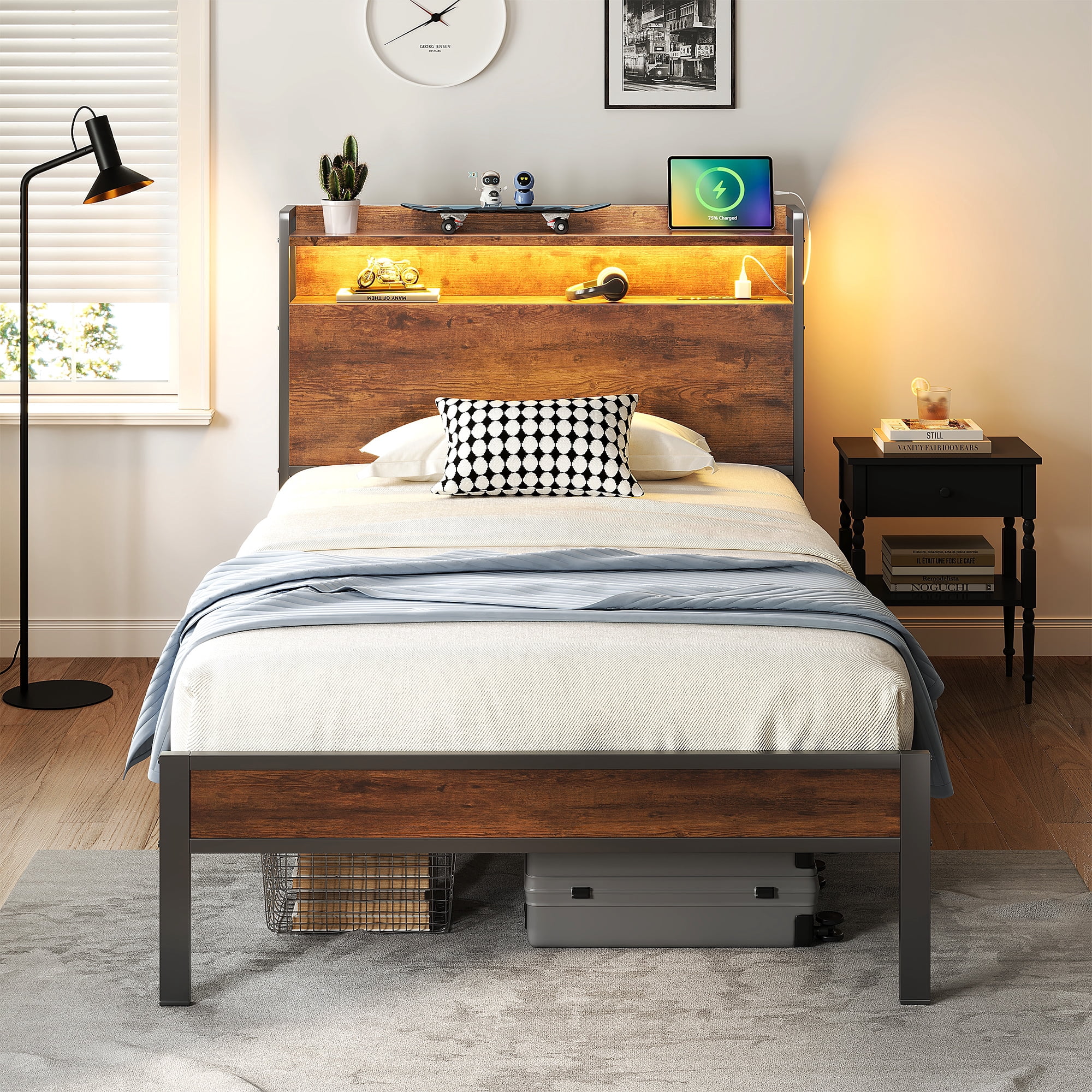 Casacomoda Twin Bed Frames, Storage Headboard with Charging Station, RGB Light Strips, Solid and Stable, Noise Free, No Box Spring Needed, Easy Assembly, Rustic Brown
