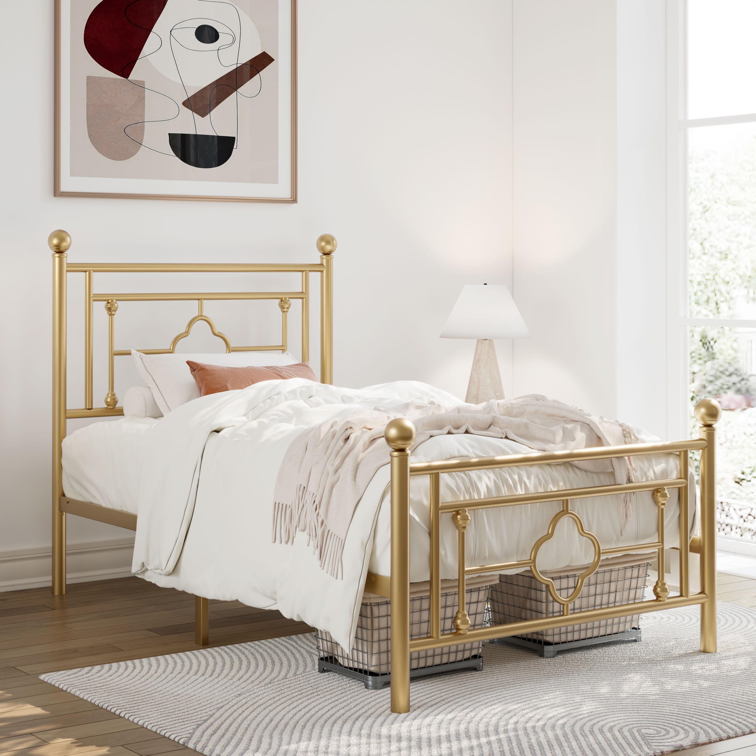 Allewie Twin Size Metal Platform Bed Frame with Victorian Vintage Headboard and Footboard, Gold