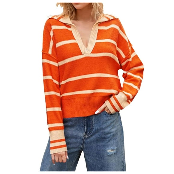 TJAZFJPA Womens Sweaters Plus Size Crew Neck Sweater Stitching Striped Sweater Lapel Loose Plus Size Sweater Women Fall Sweaters for Women 2024 Pumpkin Plus Size Mock Neck Sweater
