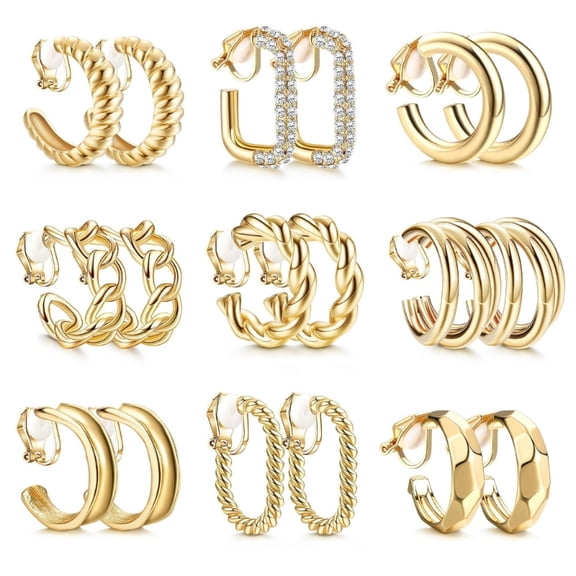 9Pairs Elegant Gold Plated Dumpy Hoop Clip Earrings No Pierced For All Ages