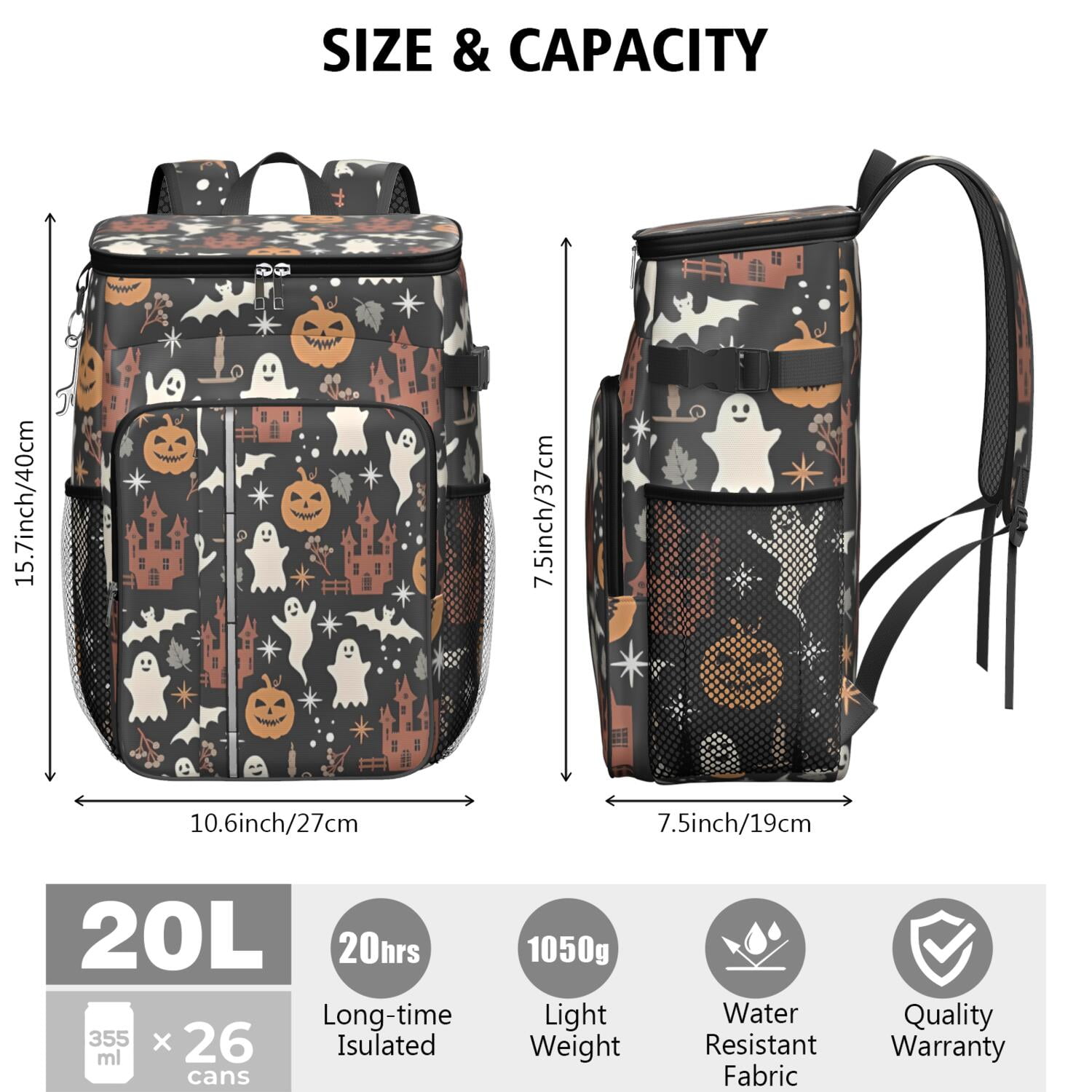 Travel Cooler Bag - Autumn Halloween Scene Pattern Camping Beer Cooler Backpack with Bottle Opener- Waterproof Insulated Picnic Backpacks - Cooler Bag for Beach