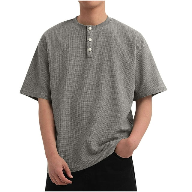 Camisas Elvqul de Hombre de Color Sólido Gris Economicas Manga Corta Algodón Cuello Redondo Botones