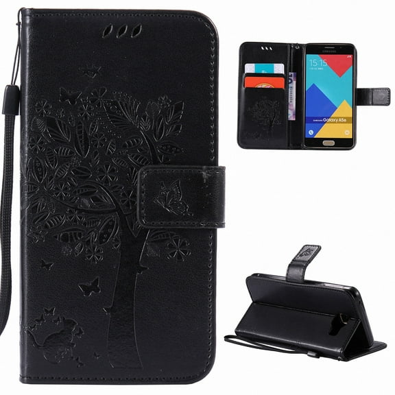 Galaxy A5 2016 Case, Samsung Galaxy A5 Case, Allytech [Embossed Cat & Tree] Slim PU Leather Case Full Body Protective Flip Kickstand Cover with Wrist Strap for Samsung Galaxy A5 2016 Version, Black